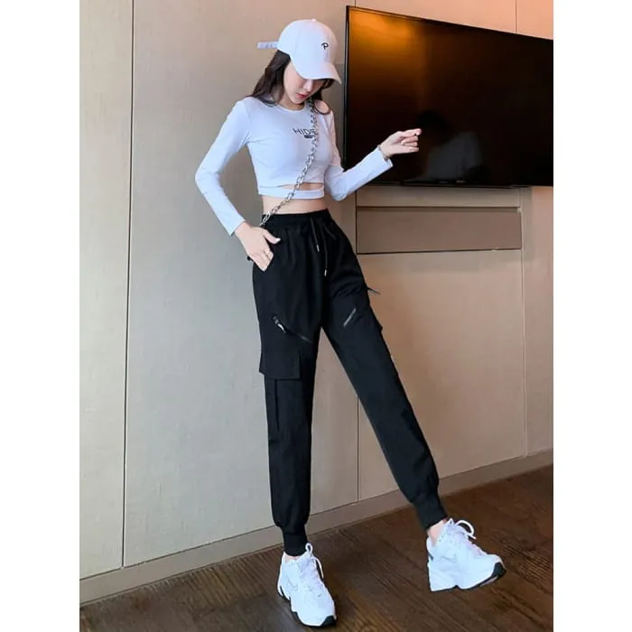 High Waist Drawstring Waist Wide Leg Pocketed Straight Cut Gather Cuff Cargo Sweatpants With Lining