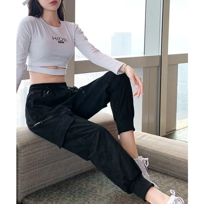 High Waist Drawstring Waist Wide Leg Pocketed Straight Cut Gather Cuff Cargo Sweatpants With Lining