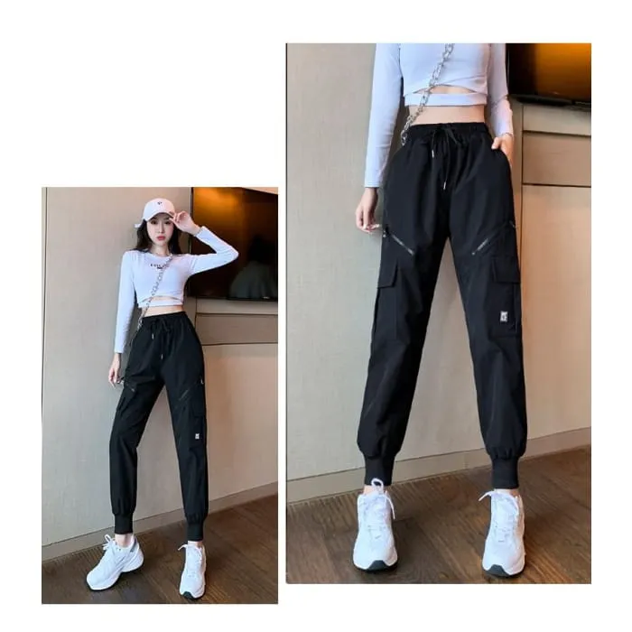 High Waist Drawstring Waist Wide Leg Pocketed Straight Cut Gather Cuff Cargo Sweatpants With Lining