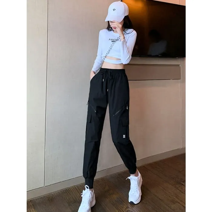 High Waist Drawstring Waist Wide Leg Pocketed Straight Cut Gather Cuff Cargo Sweatpants With Lining