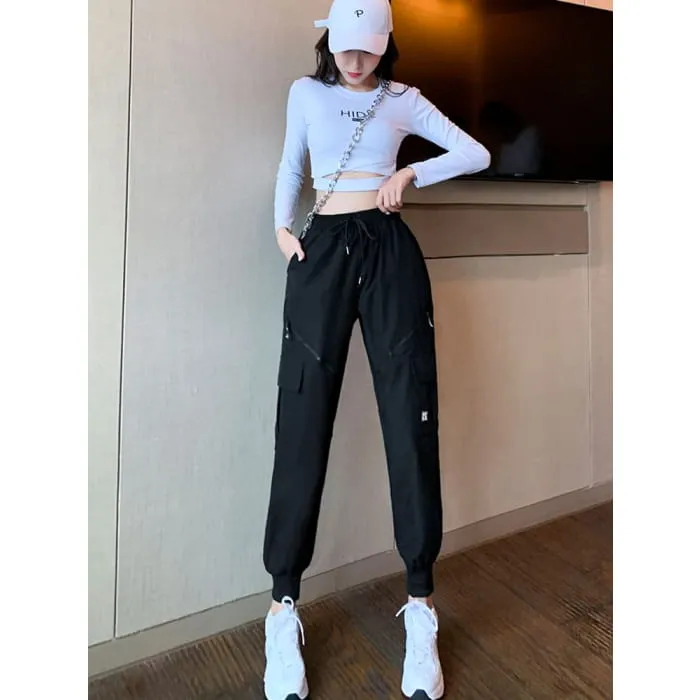 High Waist Drawstring Waist Wide Leg Pocketed Straight Cut Gather Cuff Cargo Sweatpants With Lining