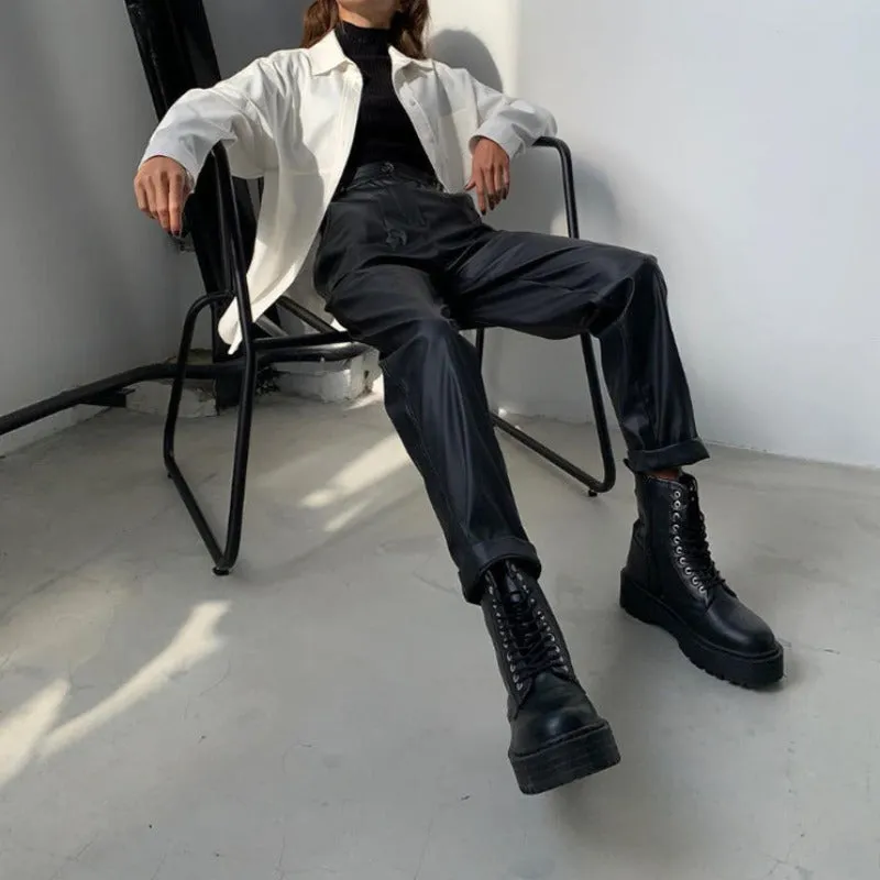 High Waist Straight Leg Faux Leather Pants