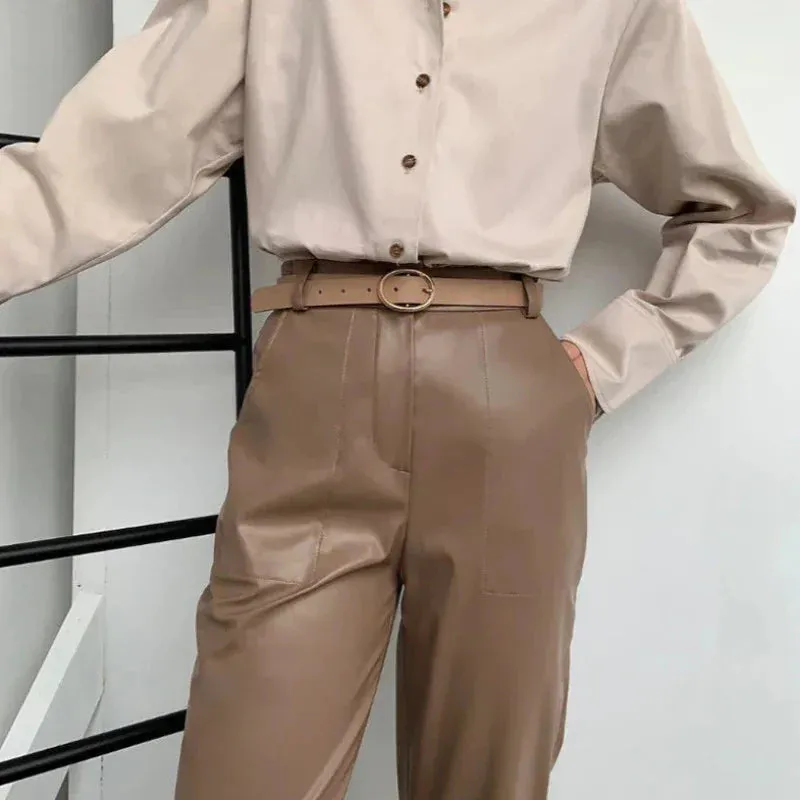High Waist Straight Leg Faux Leather Pants