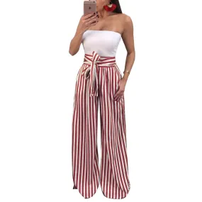High Waist Straps Bow Packets High Waist Striped Loose Wide-leg Long Pants