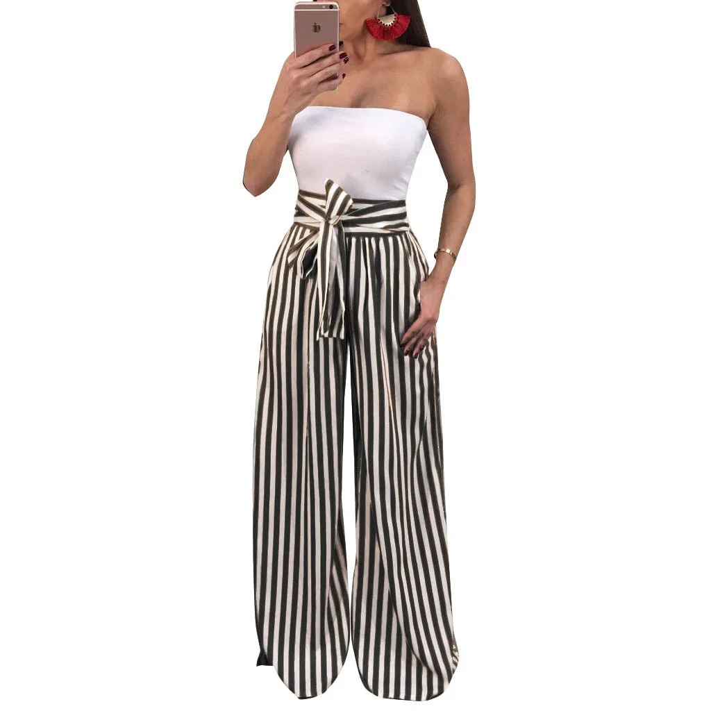 High Waist Straps Bow Packets High Waist Striped Loose Wide-leg Long Pants
