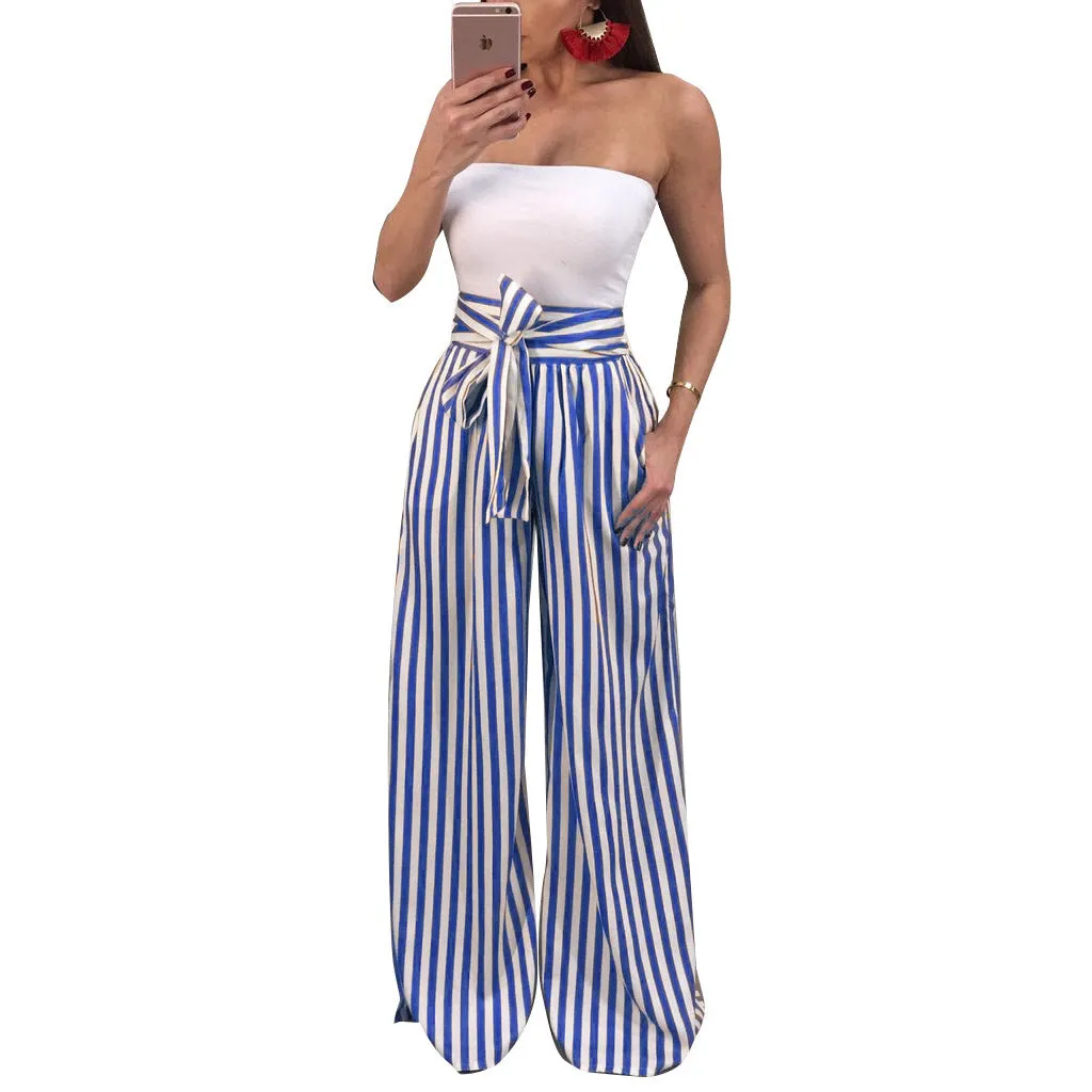 High Waist Straps Bow Packets High Waist Striped Loose Wide-leg Long Pants