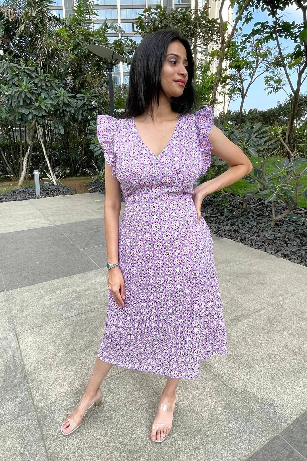 Iris - Lavender Geometric Print Midi Dress With Back Tie Up