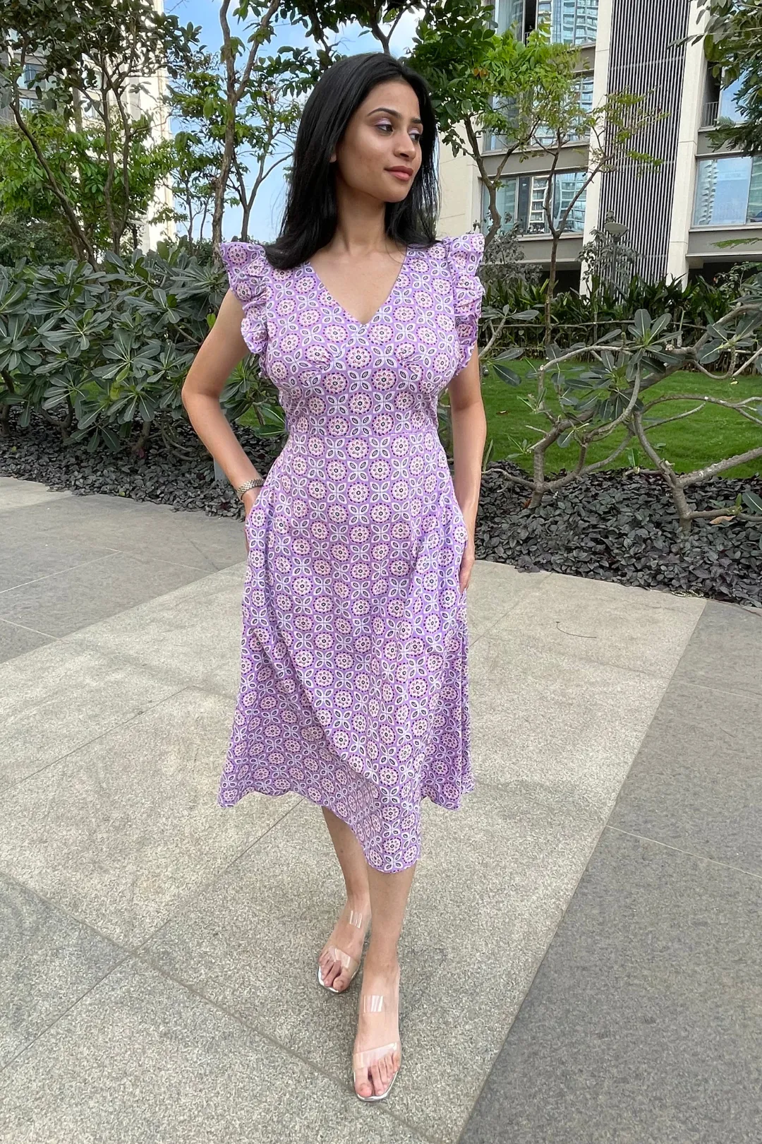 Iris - Lavender Geometric Print Midi Dress With Back Tie Up