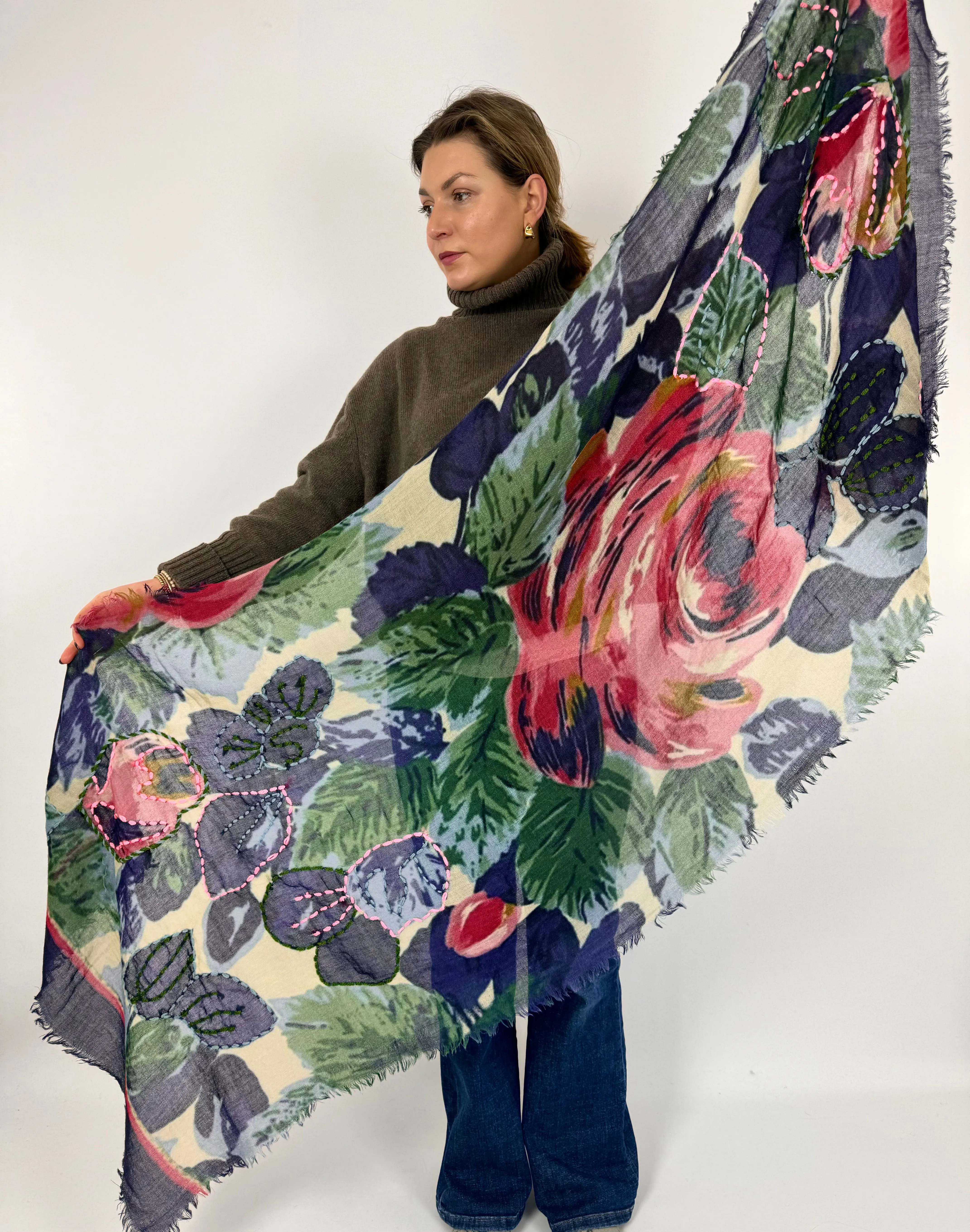 Jo Edwards Midnight Flora Embroidered Scarf