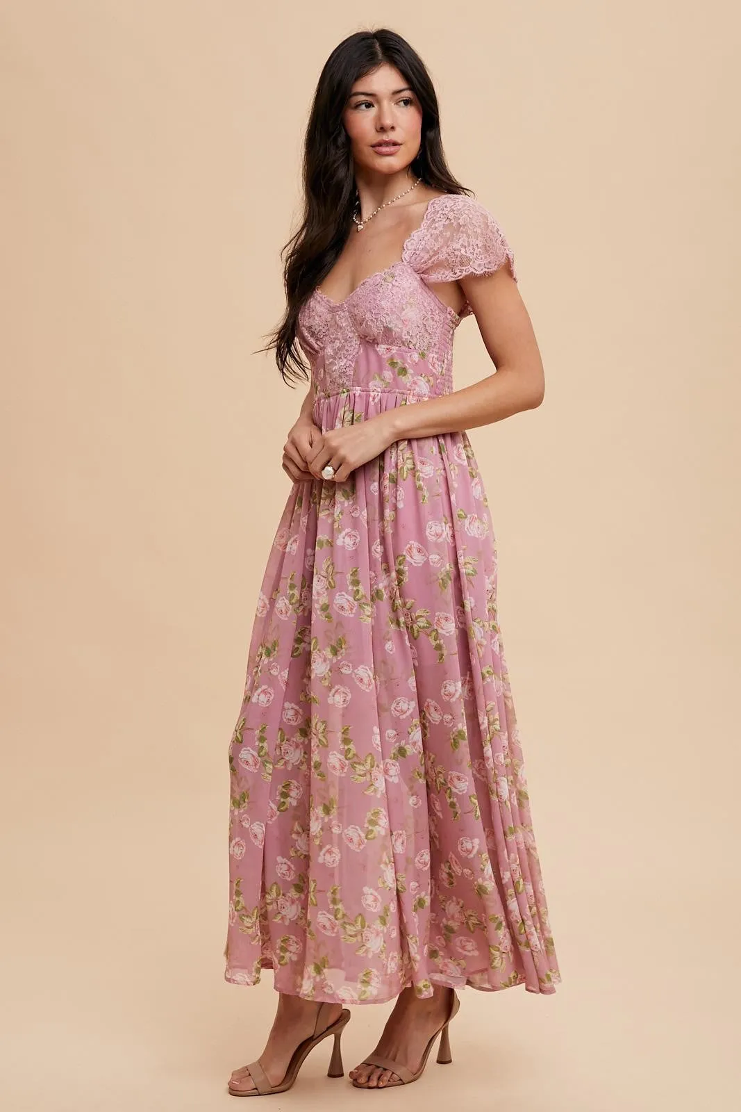 Kaelyn Lace Sweetheart Floral Maxi Dress - Pink