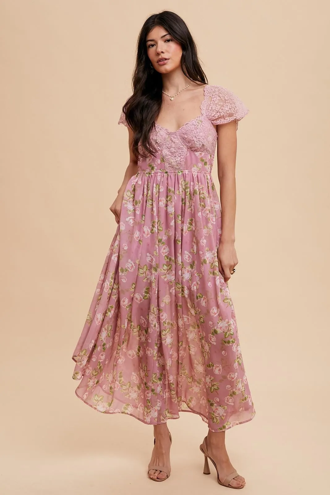 Kaelyn Lace Sweetheart Floral Maxi Dress - Pink