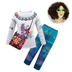 Kids Mirabel Cosplay Outfit Long Sleeve Tops Pants Cloak Wig and Bag Full Set for Halloween