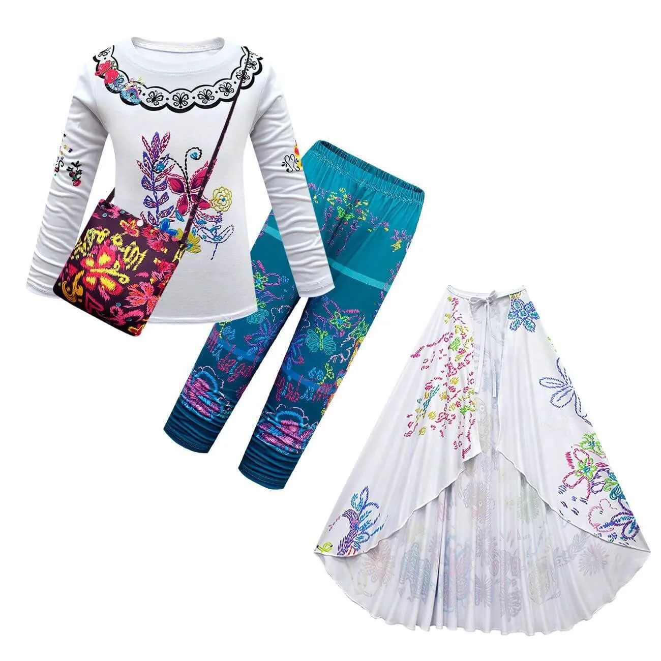 Kids Mirabel Cosplay Outfit Long Sleeve Tops Pants Cloak Wig and Bag Full Set for Halloween