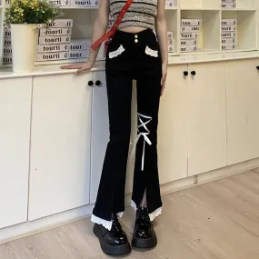 Lace Ribbon Blue & Black High Waist Denim Jeans