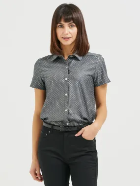 Ladies' Boyfriend Short Sleeve Blouse - Charcoal Chambray with Dots