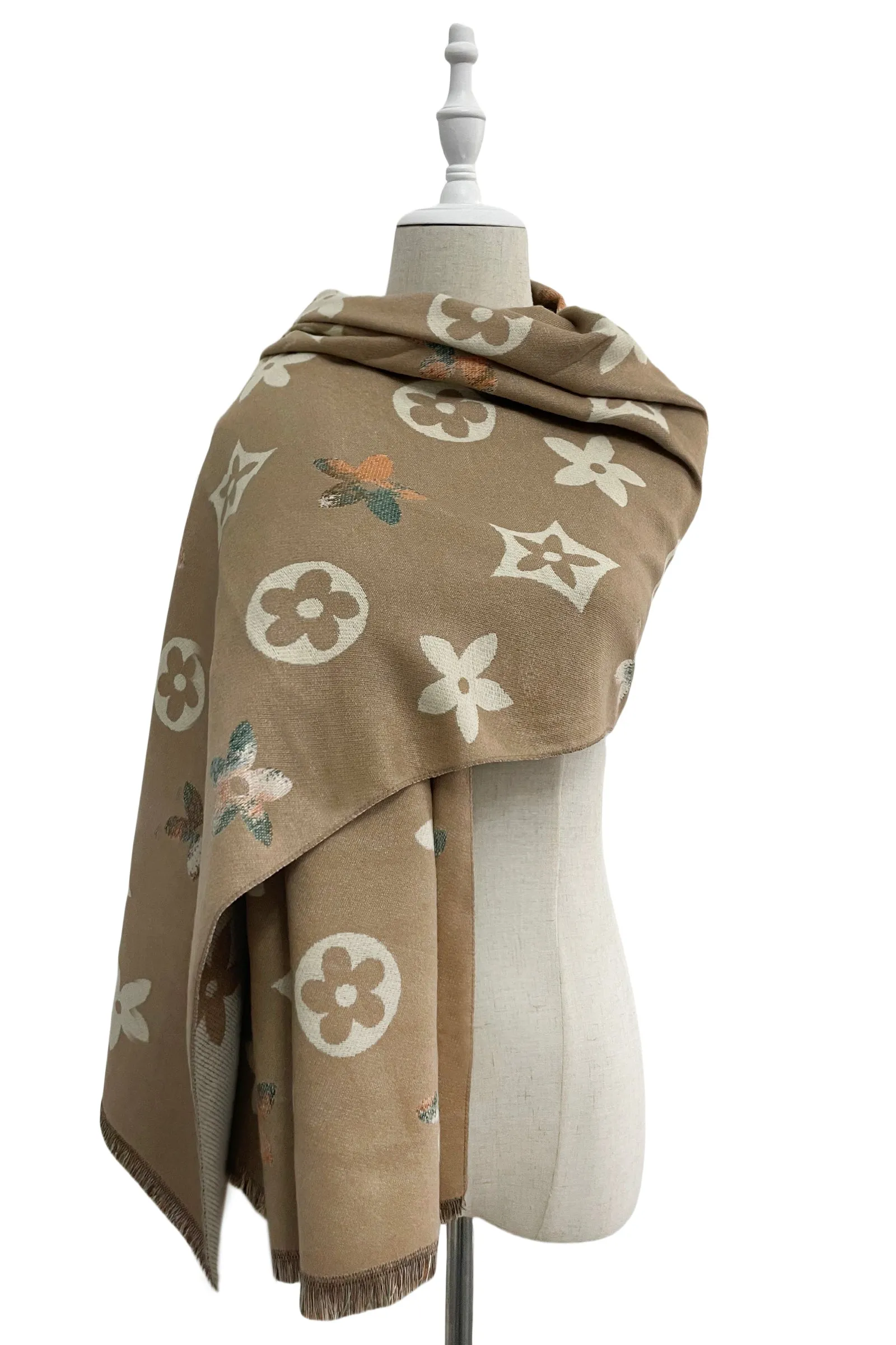 Large Floral Print Reversible Frayed Scarf