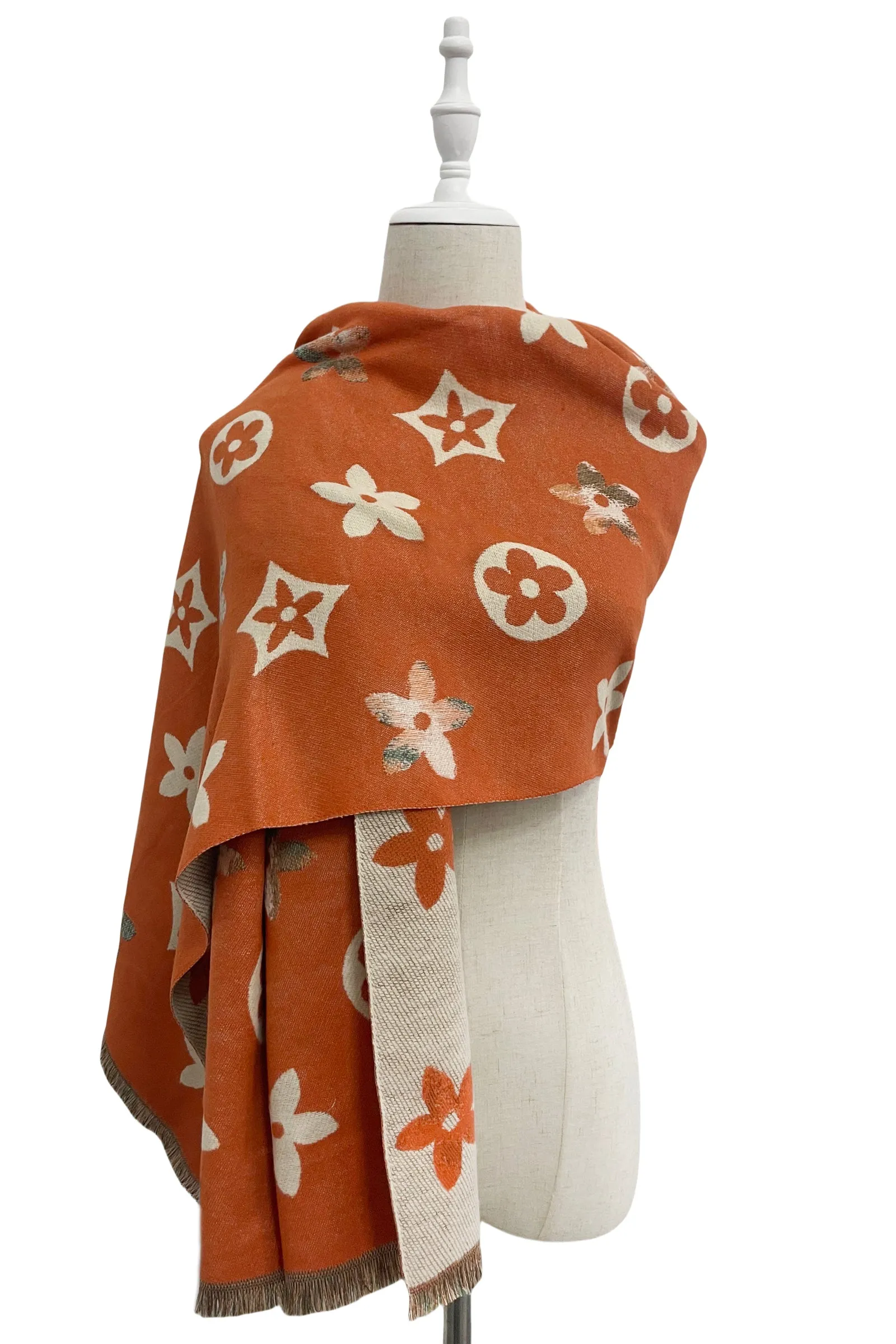 Large Floral Print Reversible Frayed Scarf
