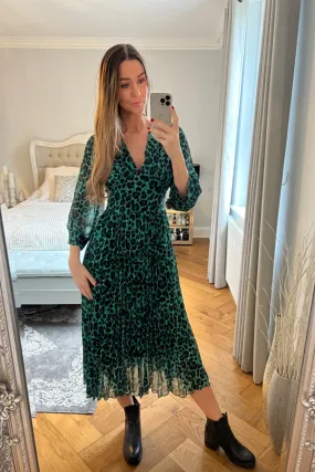 LEOPARD PRINT PLEATED LOW CUT GREEN DRESS