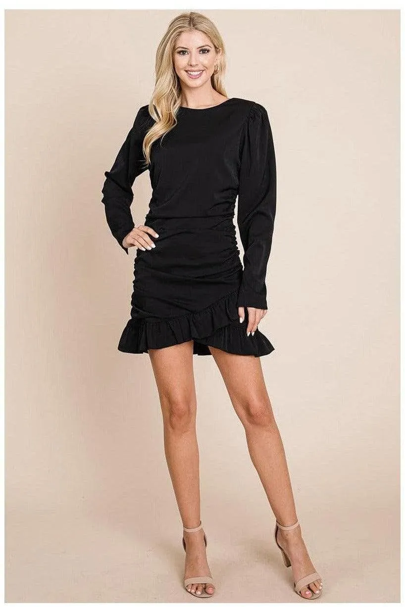 Long Sleeve Ruched Frill Hem Mini Dress