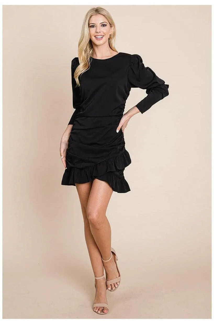 Long Sleeve Ruched Frill Hem Mini Dress