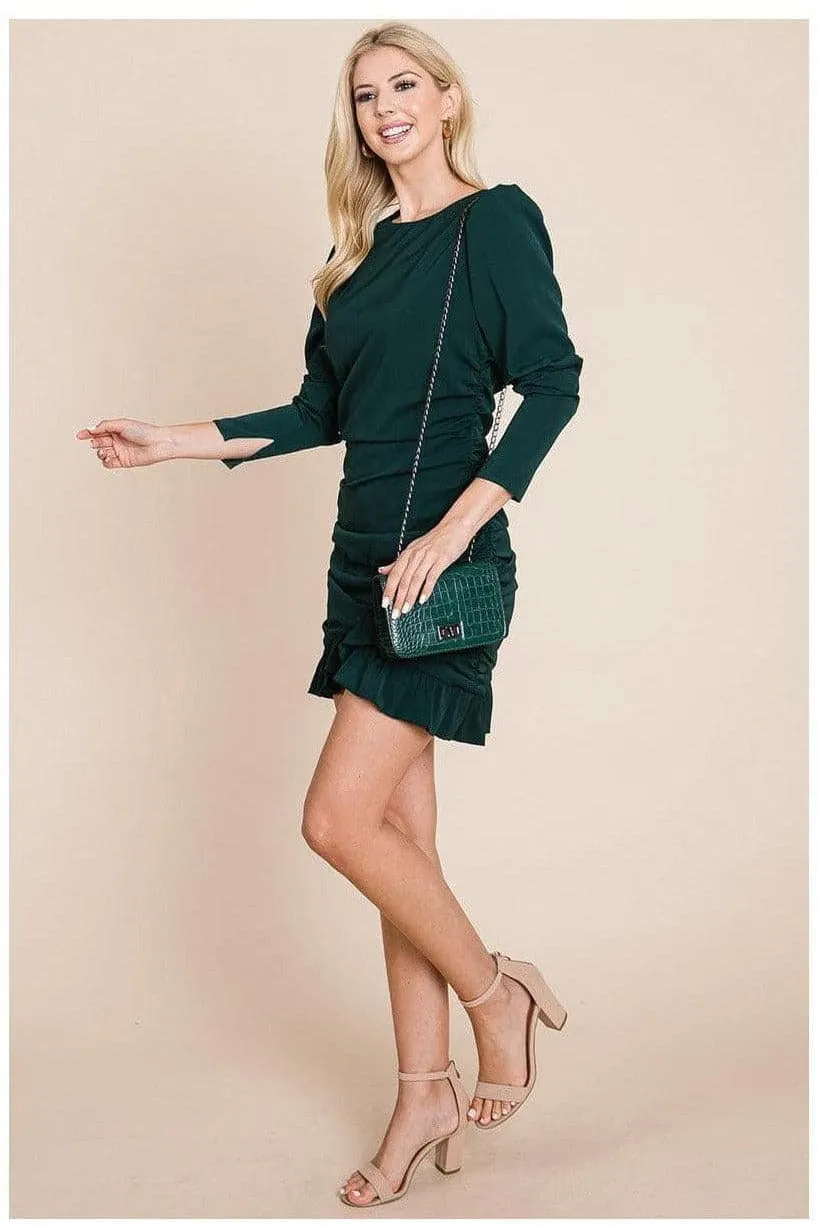 Long Sleeve Ruched Frill Hem Mini Dress