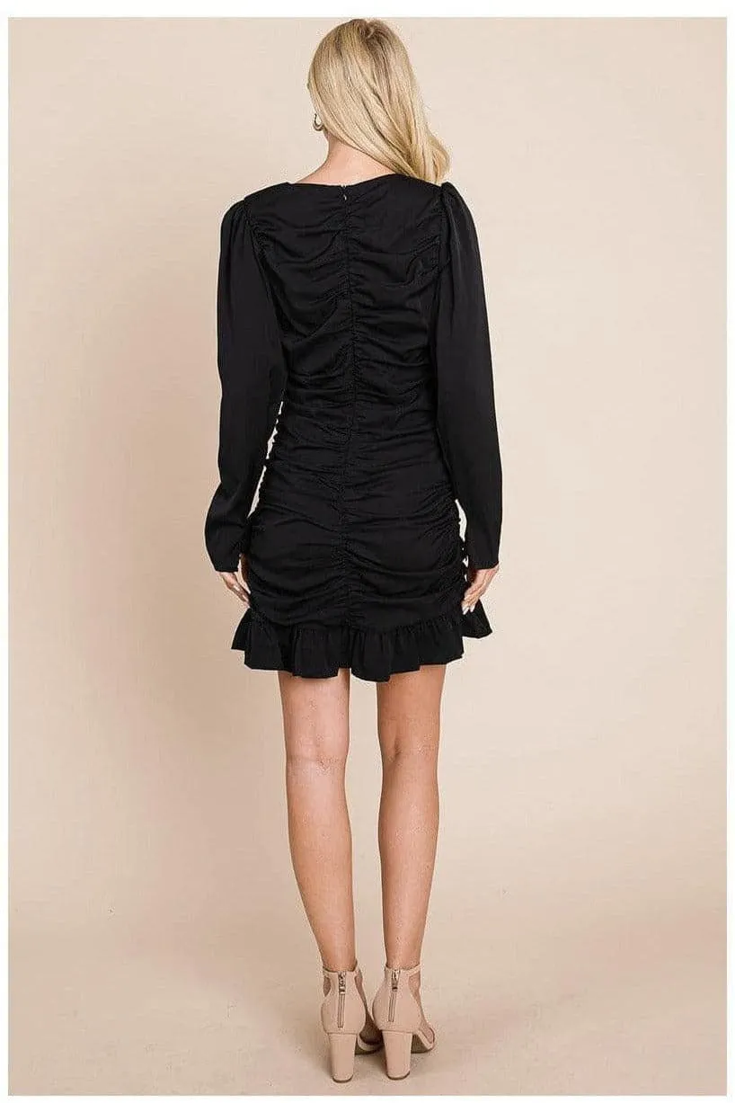 Long Sleeve Ruched Frill Hem Mini Dress