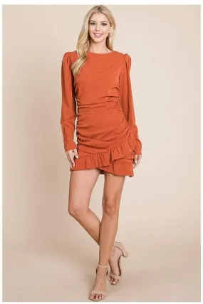 Long Sleeve Ruched Frill Hem Mini Dress