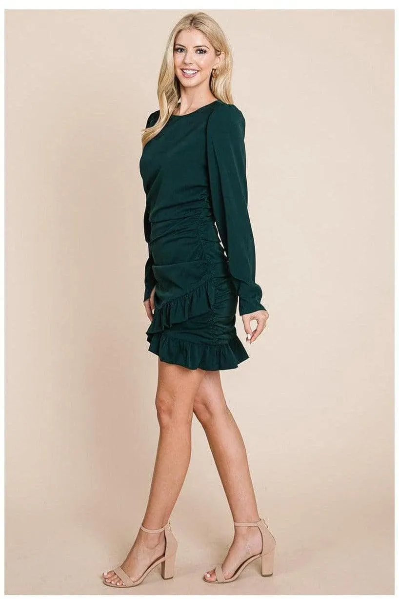Long Sleeve Ruched Frill Hem Mini Dress