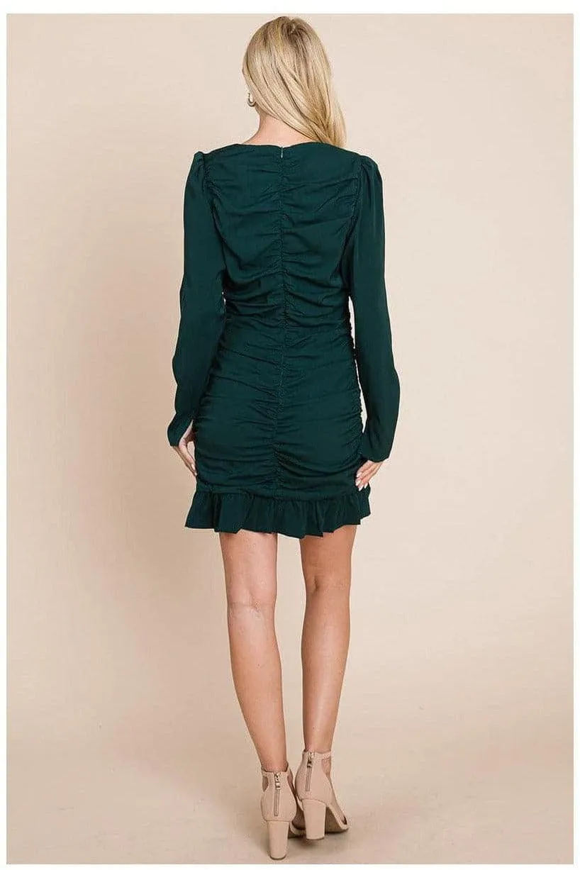Long Sleeve Ruched Frill Hem Mini Dress