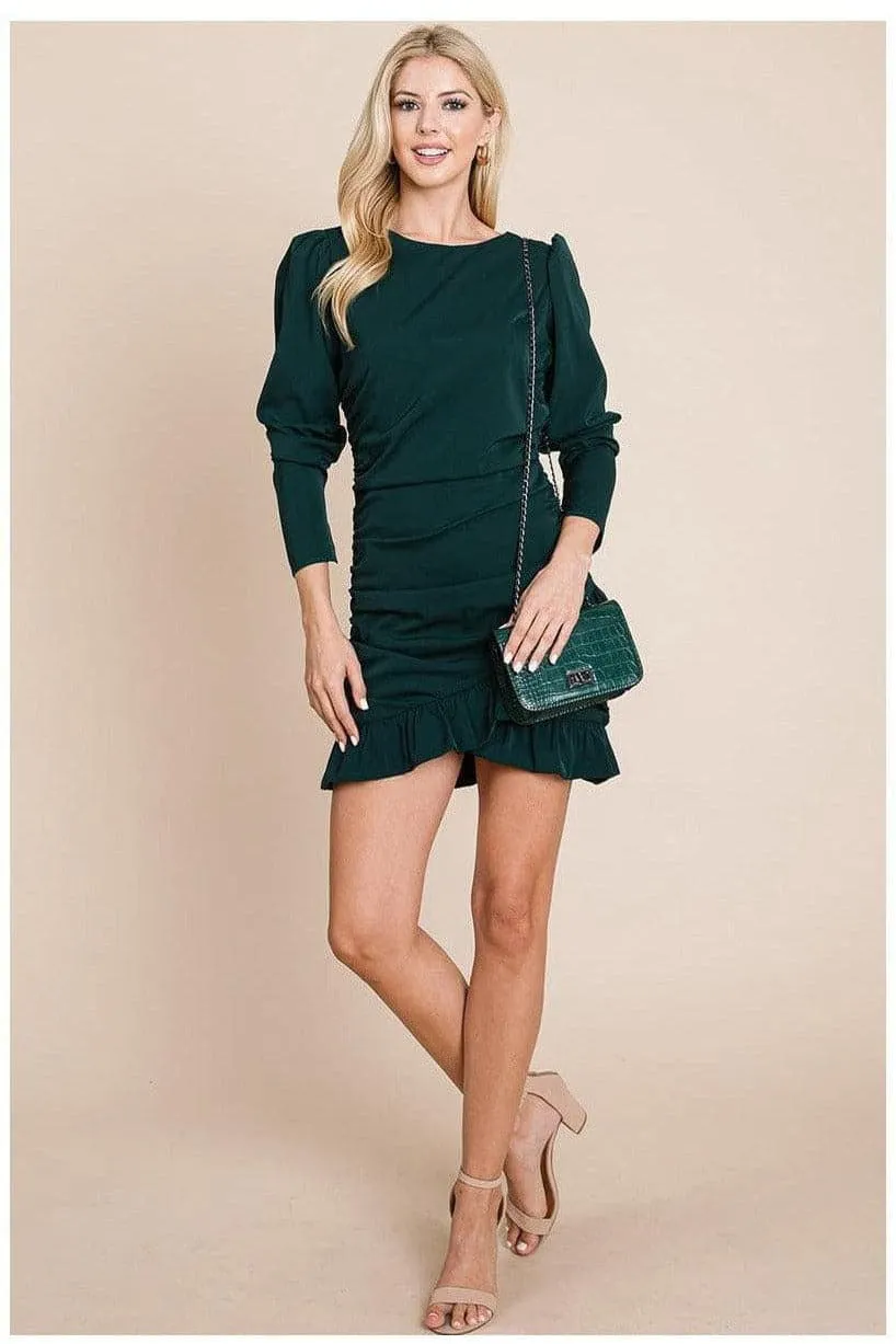 Long Sleeve Ruched Frill Hem Mini Dress
