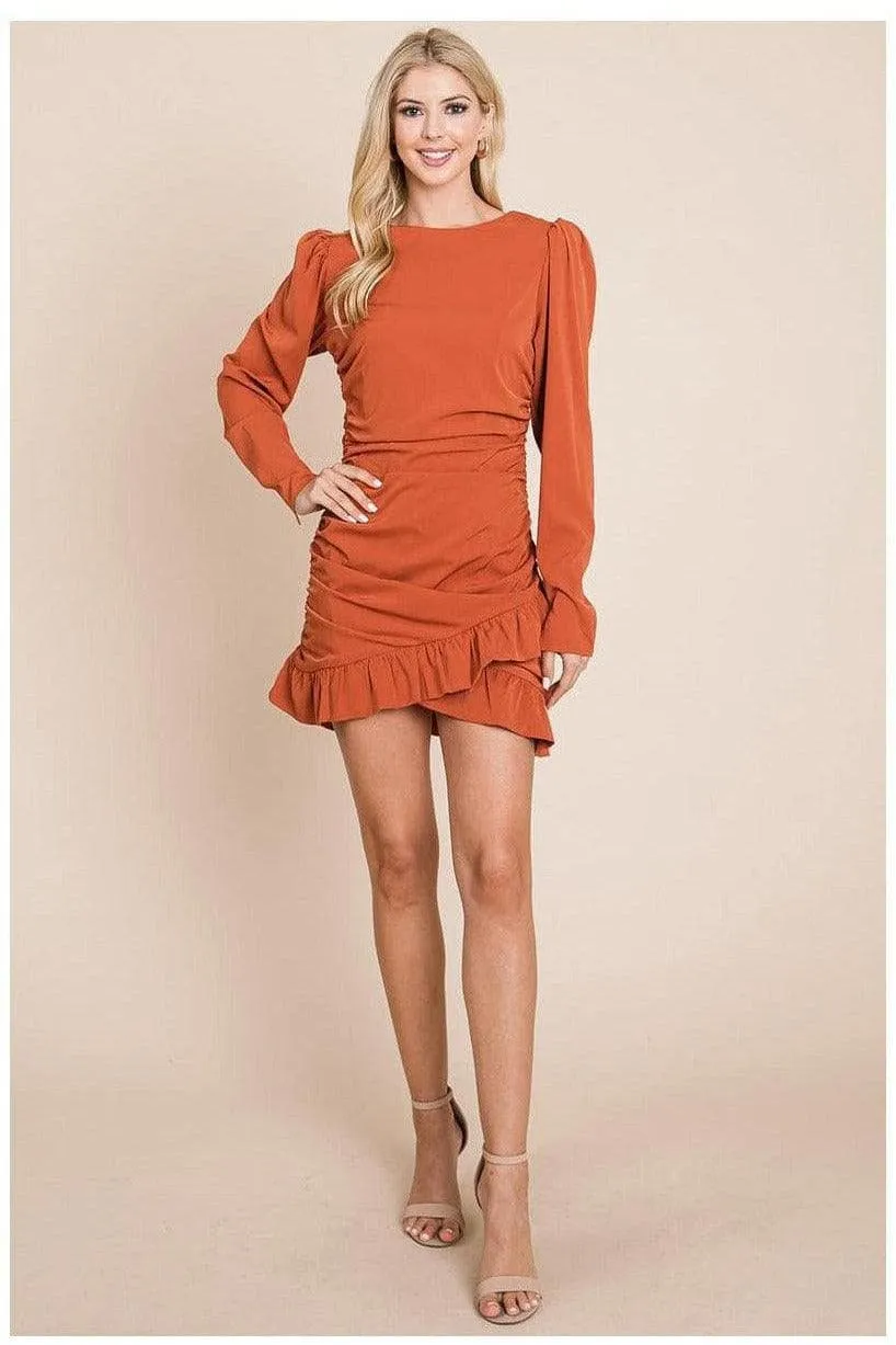 Long Sleeve Ruched Frill Hem Mini Dress