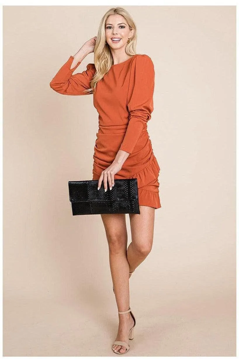 Long Sleeve Ruched Frill Hem Mini Dress