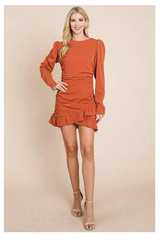 Long Sleeve Ruched Frill Hem Mini Dress