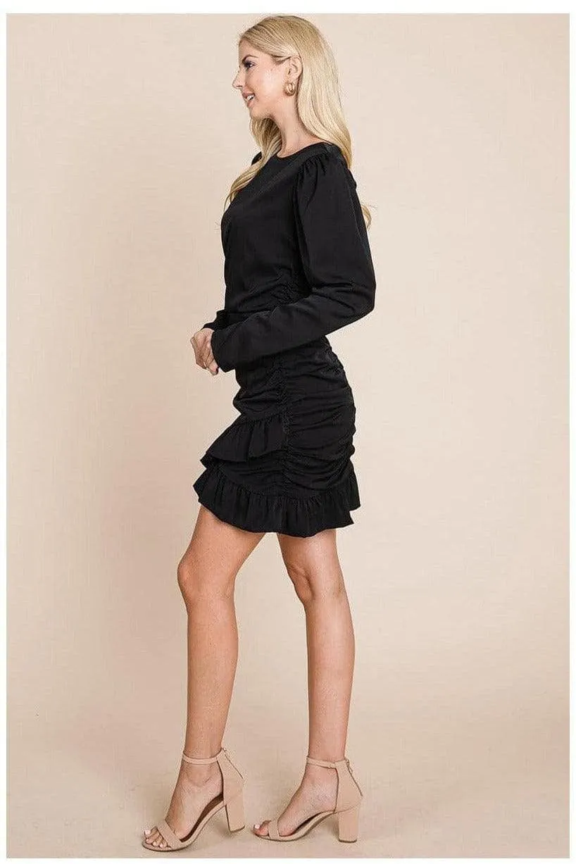 Long Sleeve Ruched Frill Hem Mini Dress