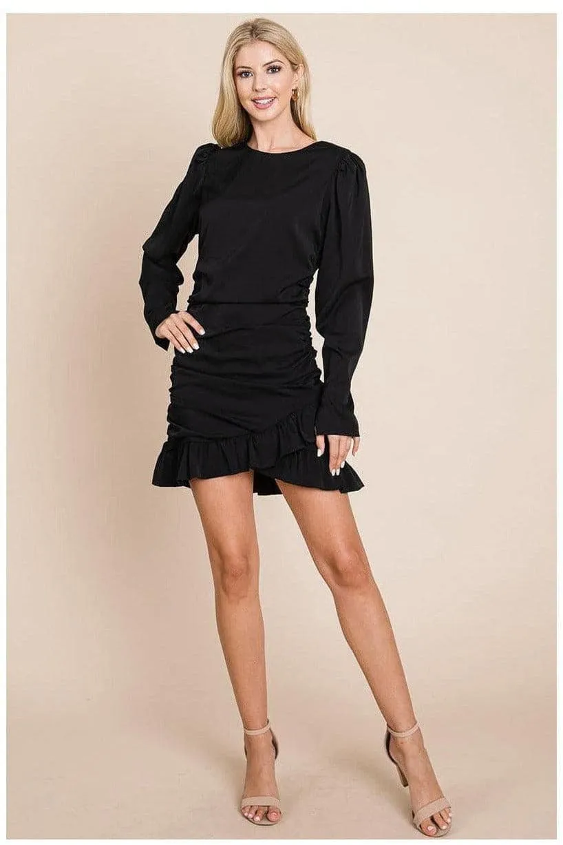Long Sleeve Ruched Frill Hem Mini Dress