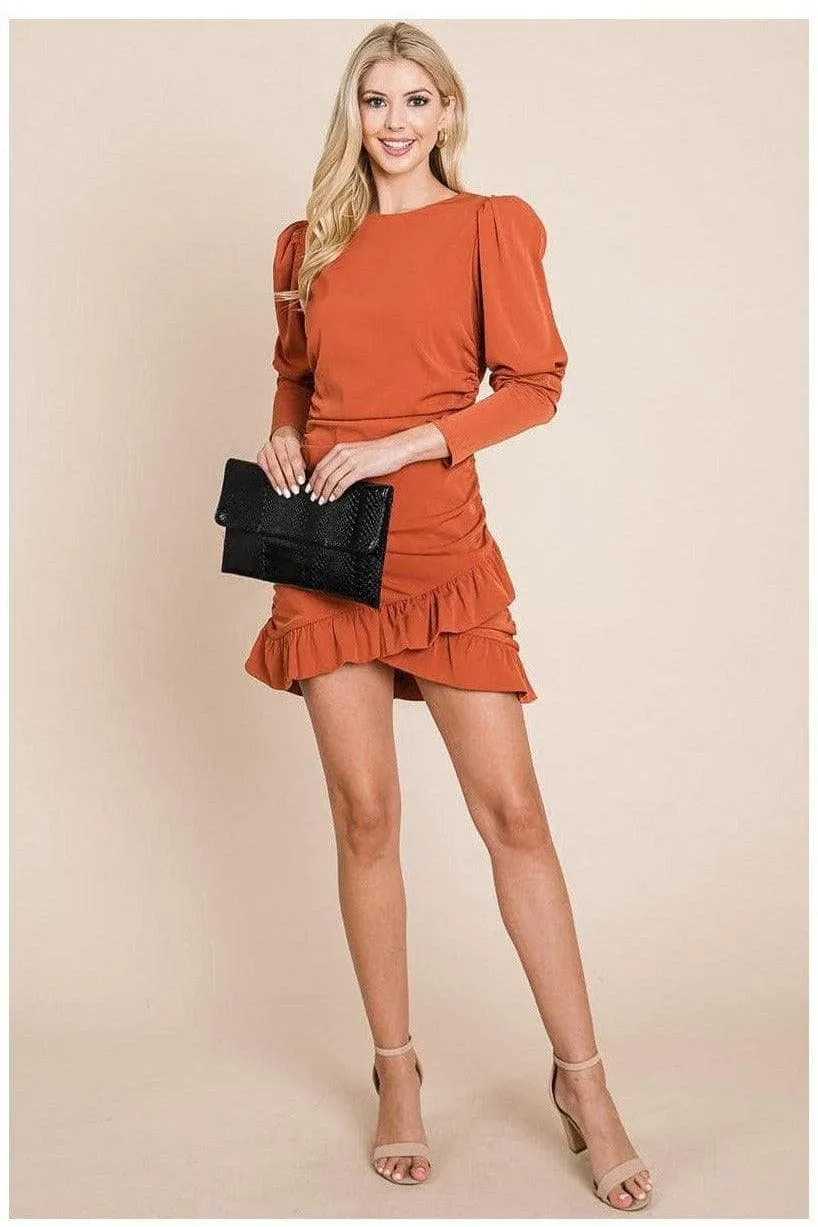 Long Sleeve Ruched Frill Hem Mini Dress