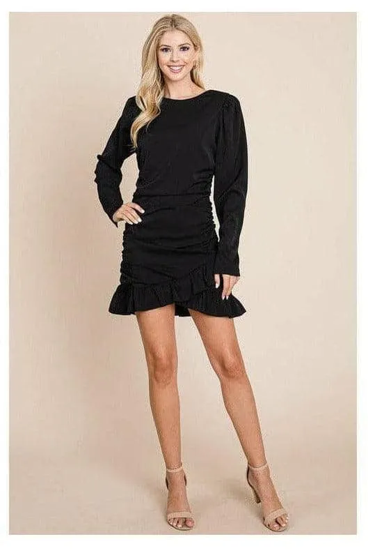Long Sleeve Ruched Frill Hem Mini Dress