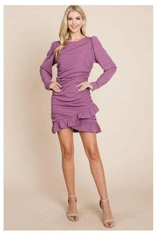 Long Sleeve Ruched Frill Hem Mini Dress