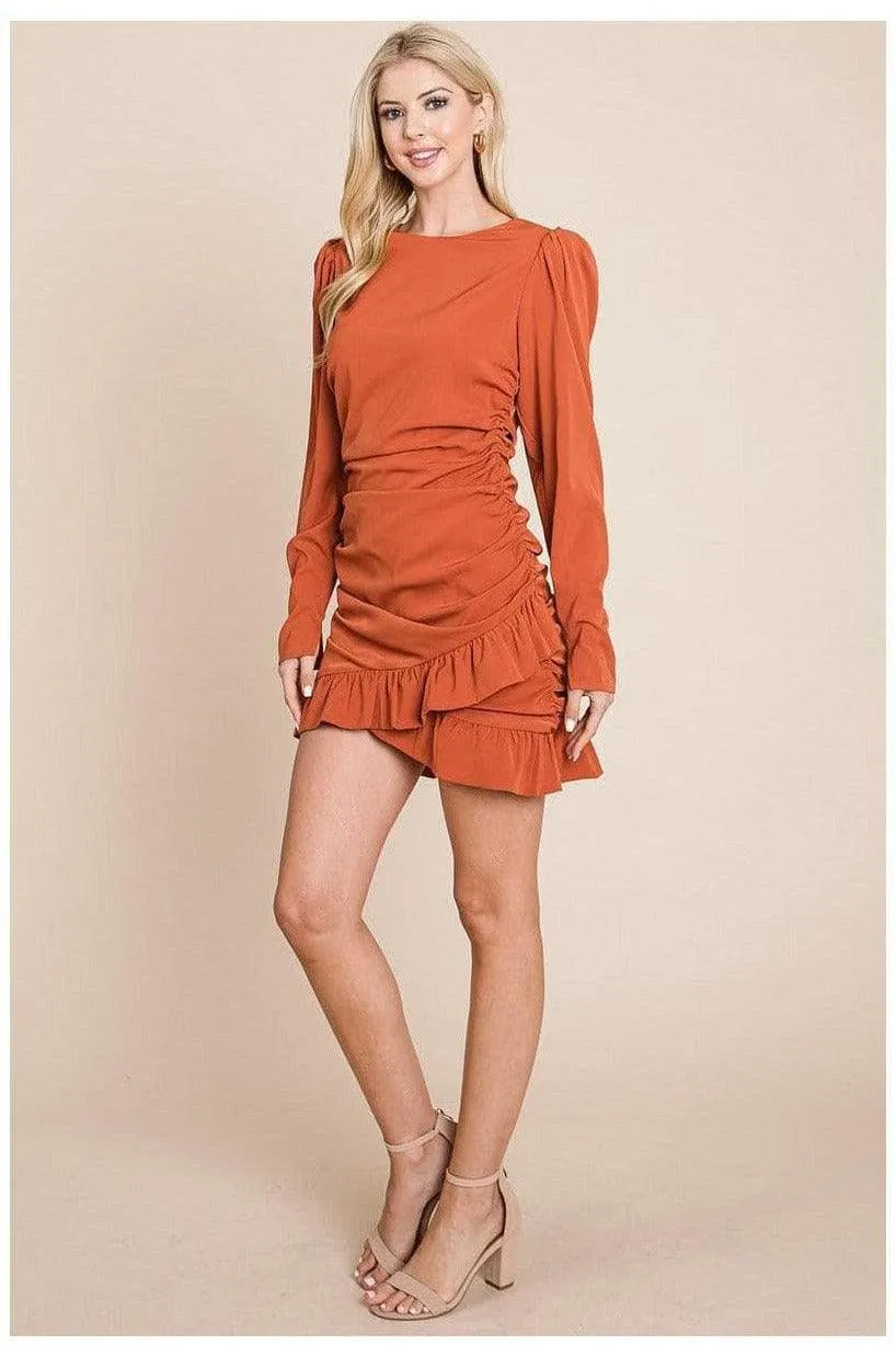 Long Sleeve Ruched Frill Hem Mini Dress