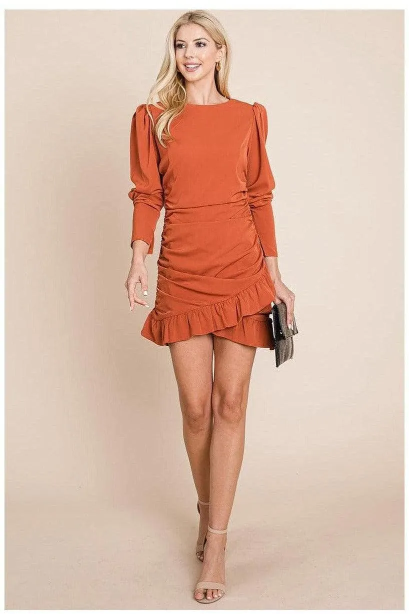 Long Sleeve Ruched Frill Hem Mini Dress