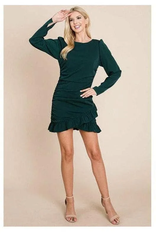 Long Sleeve Ruched Frill Hem Mini Dress
