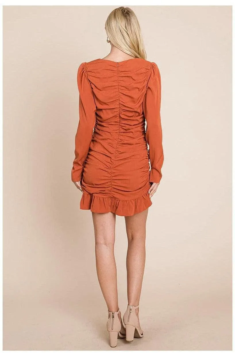 Long Sleeve Ruched Frill Hem Mini Dress
