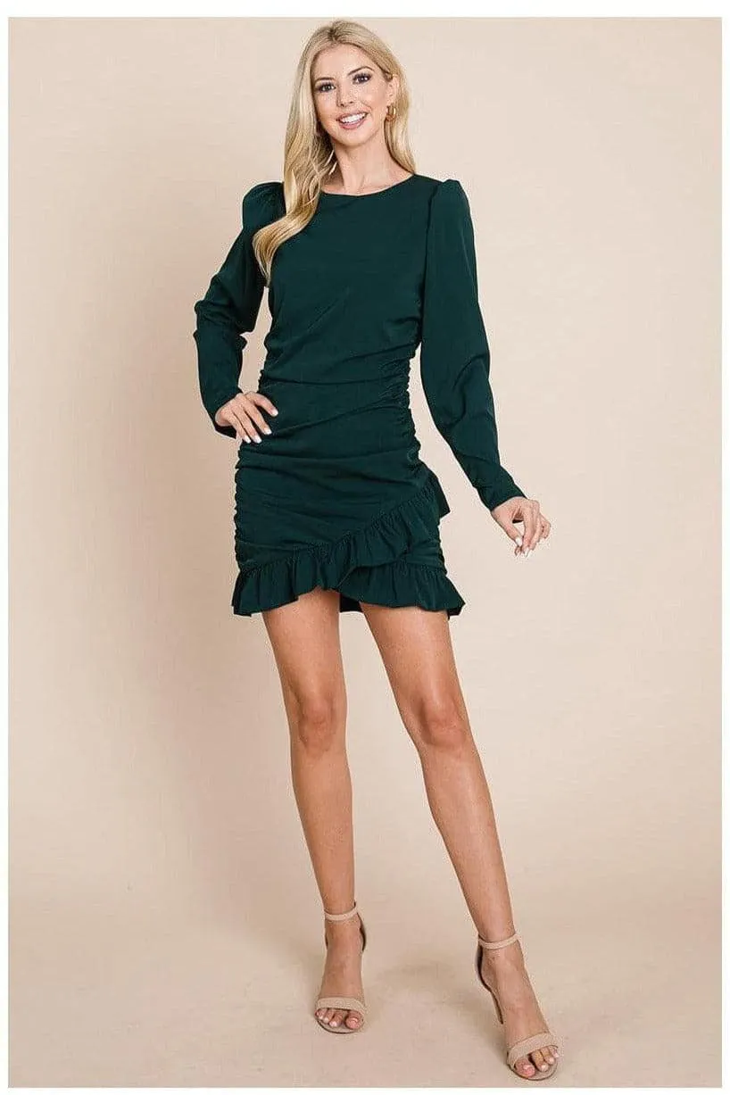 Long Sleeve Ruched Frill Hem Mini Dress