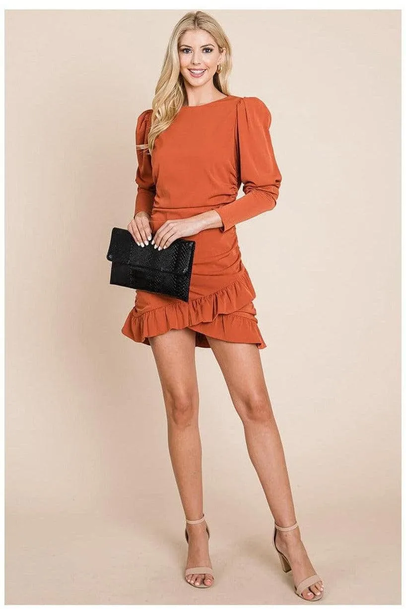 Long Sleeve Ruched Frill Hem Mini Dress