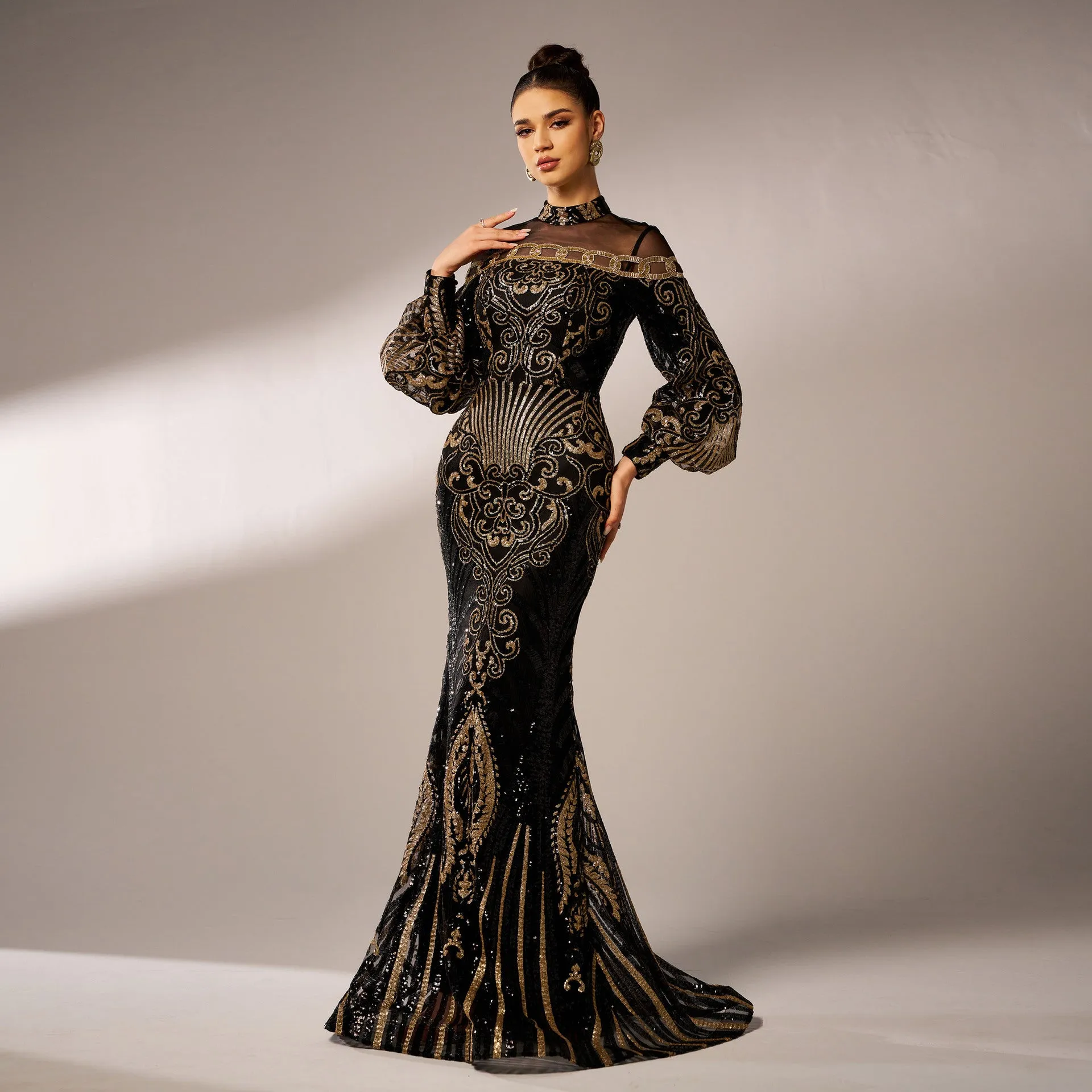 Long Sleeve Sequined Lace Mesh Printed Evening Dress