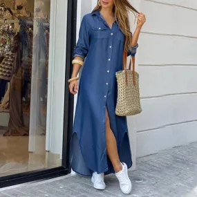 Long-sleeved shirt dress with print and lapel collar