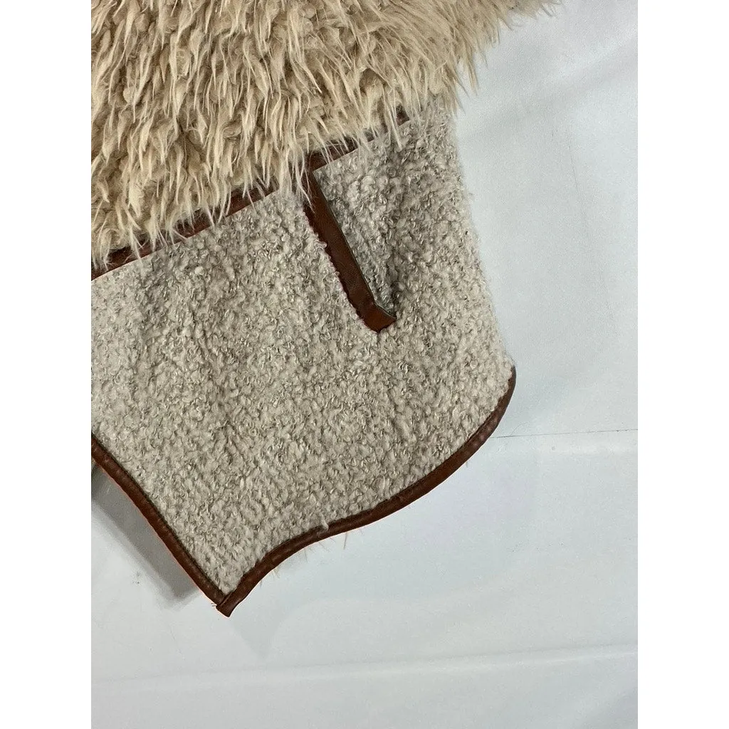 LOVE TREE Women's Beige/Brown Faux-Fur Sherpa Open-Front Vest SZ M
