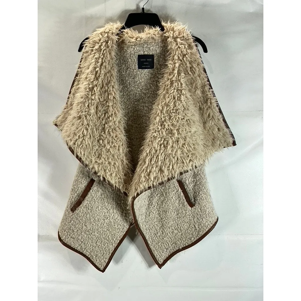 LOVE TREE Women's Beige/Brown Faux-Fur Sherpa Open-Front Vest SZ M