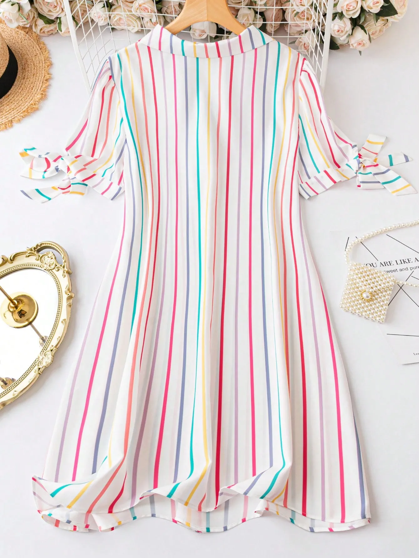 LUNE Plus Striped Print Knot Cuff Shirt Dress