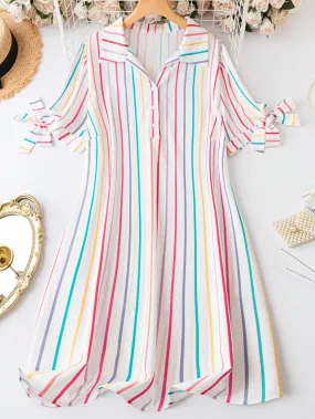 LUNE Plus Striped Print Knot Cuff Shirt Dress